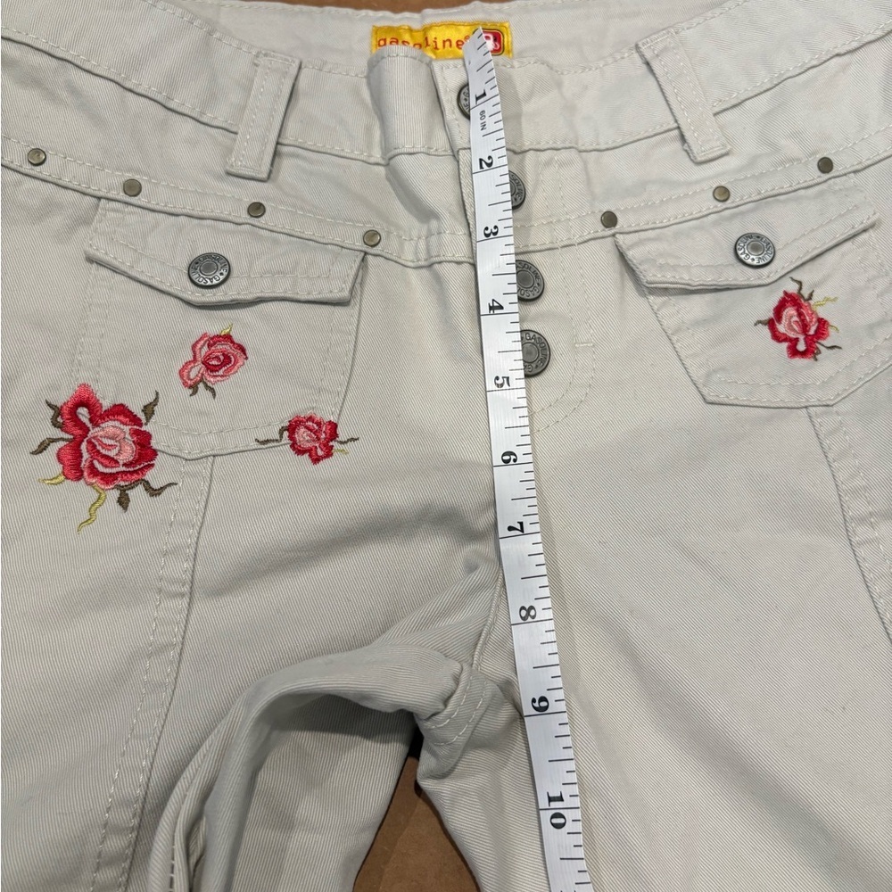 Vintage Y2K Gasoline Hippie Embroidered Flare Khaki Pants Women’s Size 12 EUC - Picture 14 of 16